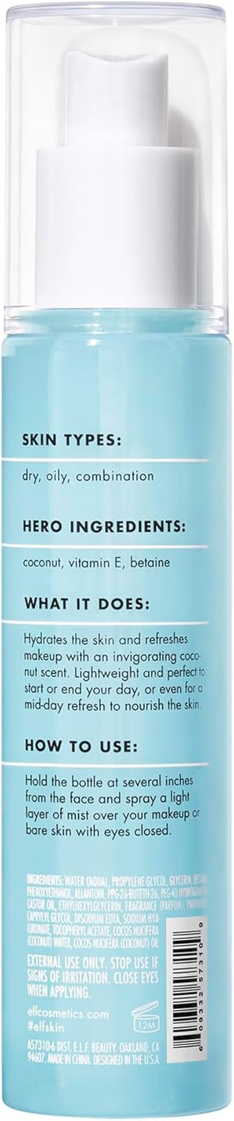 E.L.F. Brume De Noix De Coco Hydratante, Rafraîchit, Apaise Et Tonifie La Peau - Parfum Tropical, 80 Ml